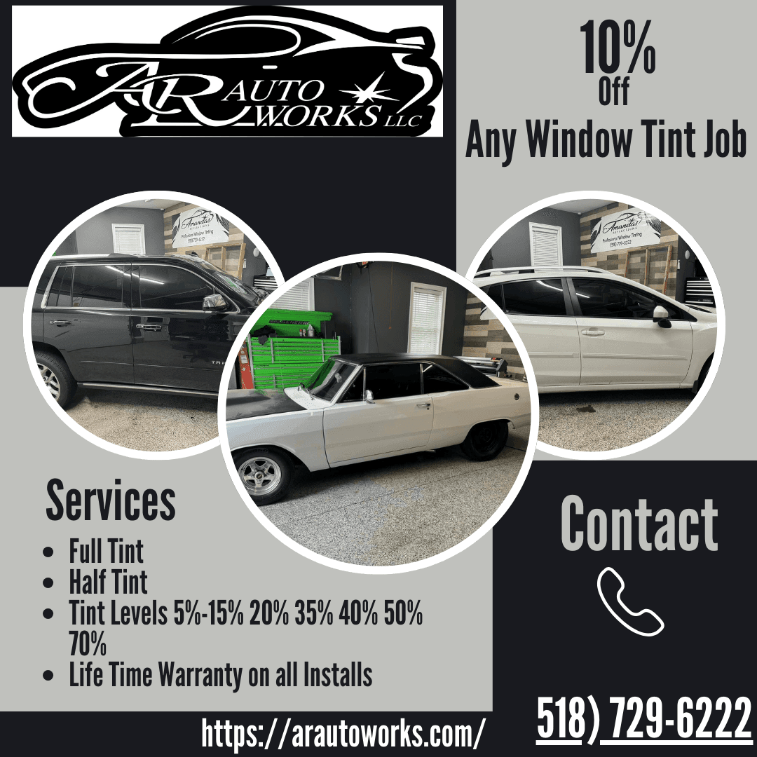 AR Auto Works ad with cars, tint services, and contact information.