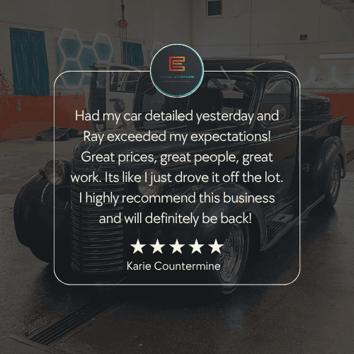 Vintage truck in garage with testimonial praising car detailing service, highlighting satisfaction and recommendation.