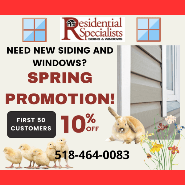 Spring promotion for siding and windows with 10% off and image of chicks and bunny.