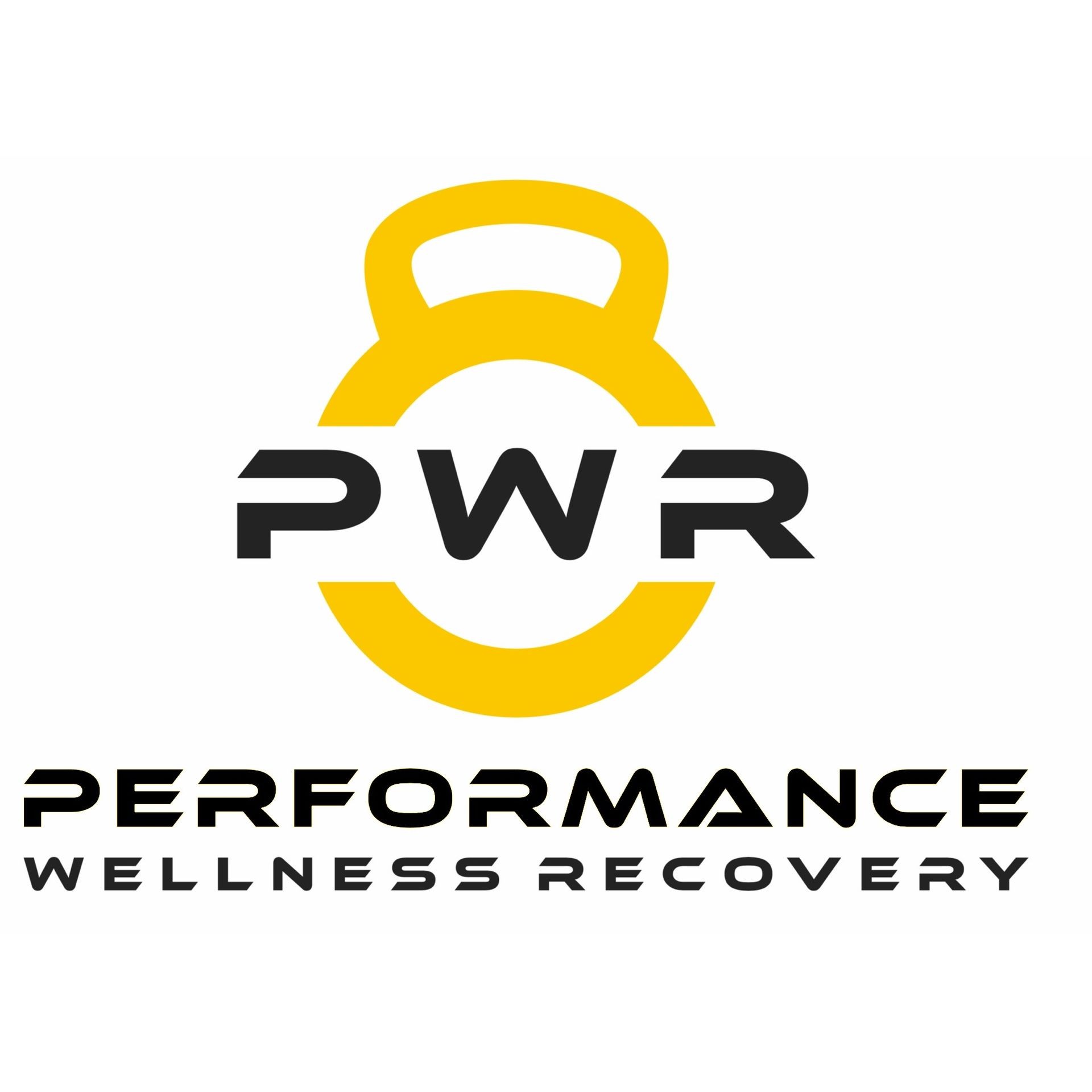 PWR Performance Wellness Recovery logo featuring a yellow kettlebell design.