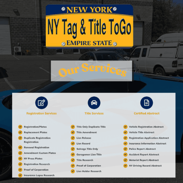 NY Tag & Title ToGo services banner displaying offered registration, title, and certified abstract services.